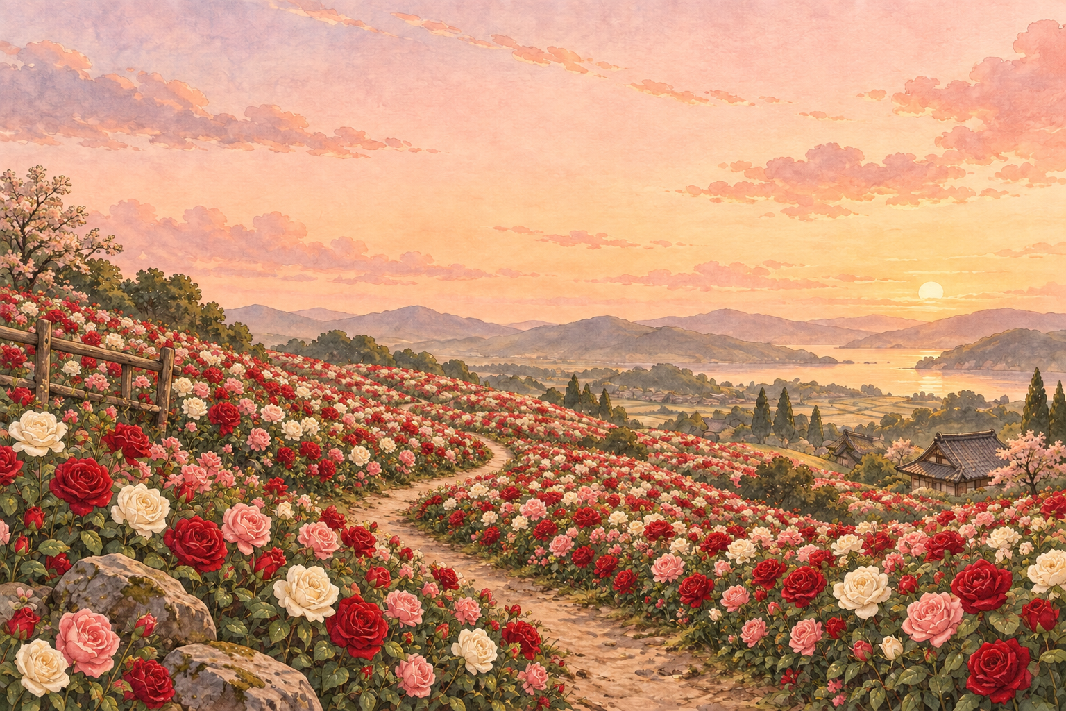 El mismo campo florecido con rosas rojas, blancas y rosadas